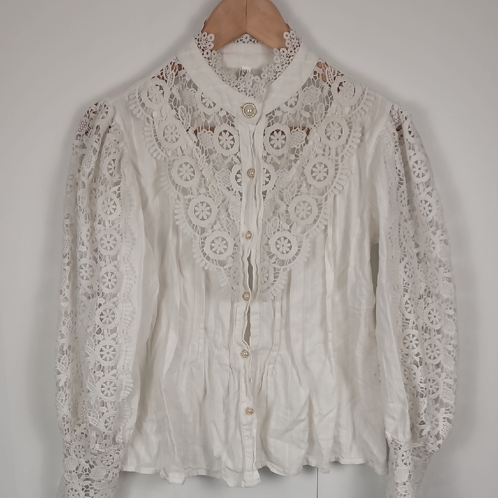 Victorian Style High Neck White Lace Button-Up Blouse